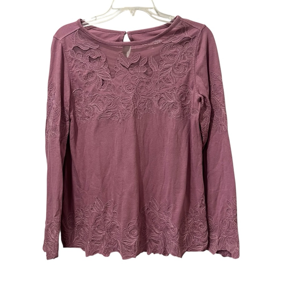 Soft Surroundings Embroidered Detail Blouse Top Shirt Size XS Purple Long Sleeve